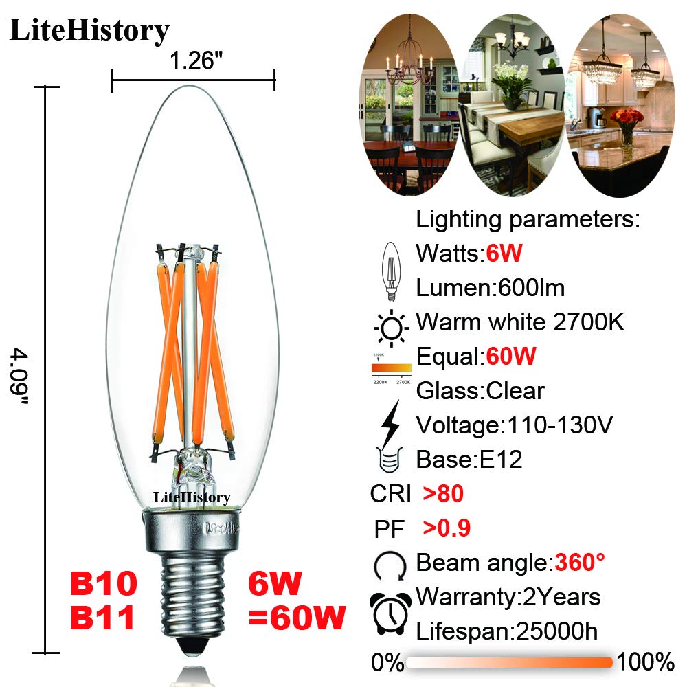 LiteHistory E12 led Bulb Dimmable 6W Equal 60 Watt LED Light Bulbs 2700K AC120V Edison Bulb B10 B11 Candelabra Bulbs for Chandelier and Ceiling Fan Light Bulbs 600LM e12 Bulb 12Pack