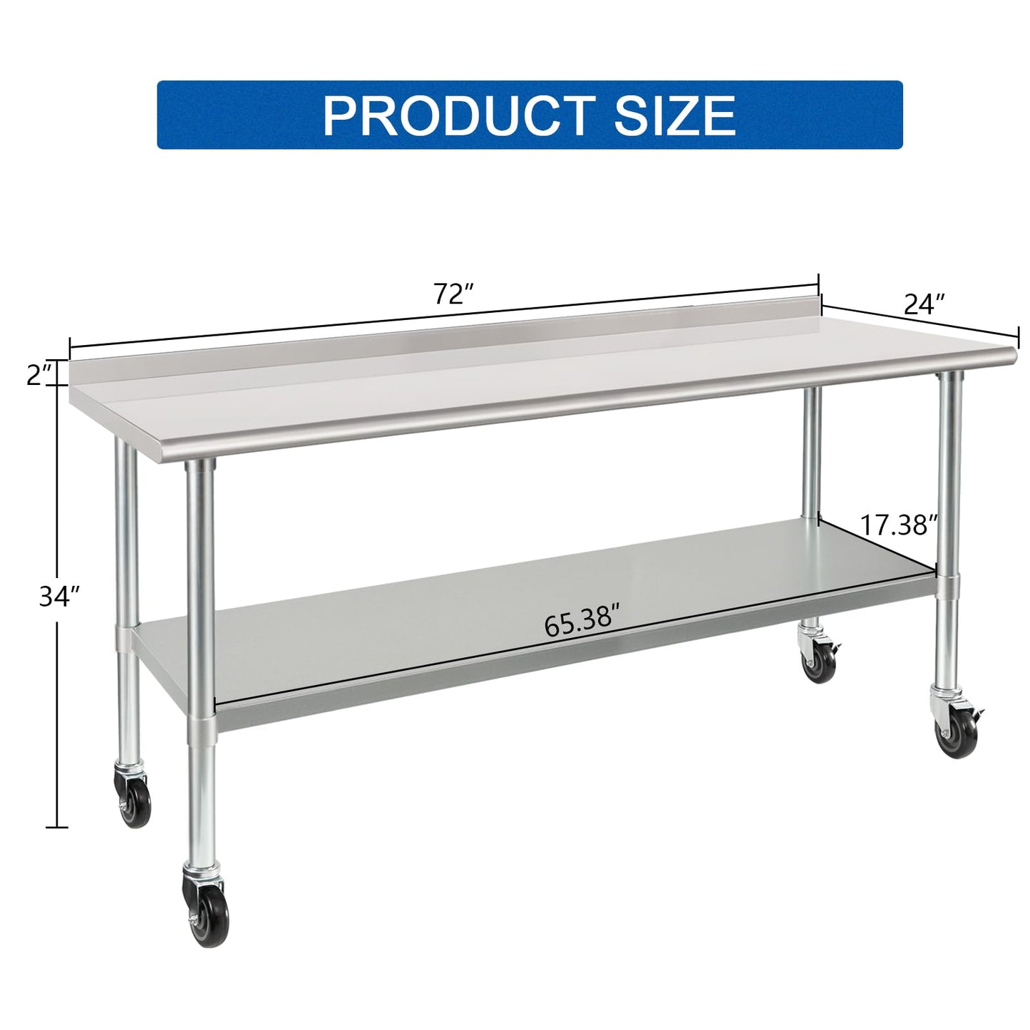 HARDURA Stainless Steel Table 24 x 72 Inches with Wheels Casters NSF Heavy Duty Commercial Prep Table with 2” Backsplash and Adjustable Undershelf for Restaurant Kitchen Home and Hotel