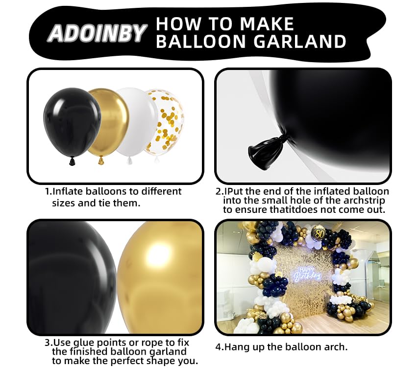 Black and Gold Balloon Arch Kit, ADOINBY 140Pcs Black White Metallic Gold Confetti Latex Balloons 18 12 10 5 Inch Differen...