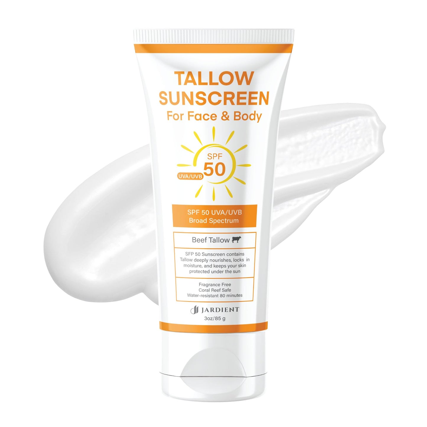 Beef Tallow Sunscreen with Mineral SPF 50 3oz : Instant Sun Protection Non Nano Zinc Oxide Sunblock- Non Greasy Formula- Beach J