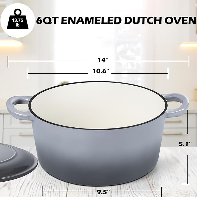 TeamFar Enameled Cast Iron Dutch Oven, 6QT Nonstick Dutch Oven Pot with Lid & Dual Handles for Bread Baking Cooking Braising Simmer Roasting, Non Toxic & Heavy Duty, Multi Stoves & Oven Safe - Gray