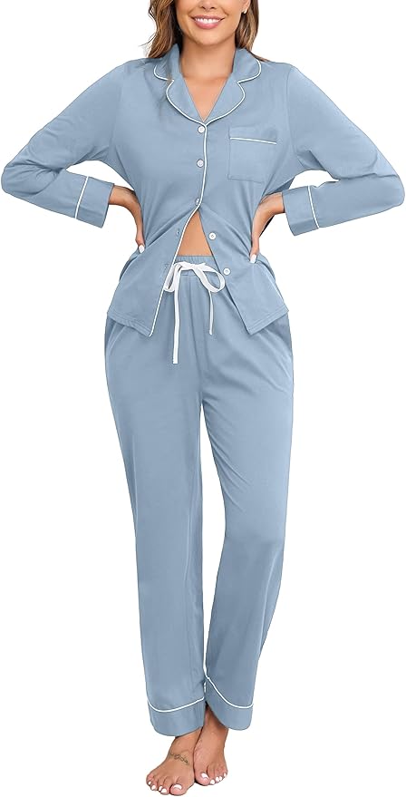 Veseacky 100% Cotton Pajamas for Women Set Long Sleeve Button Down Sleepwear Soft Pjs Lounge Sets with Pockets XS-XXL