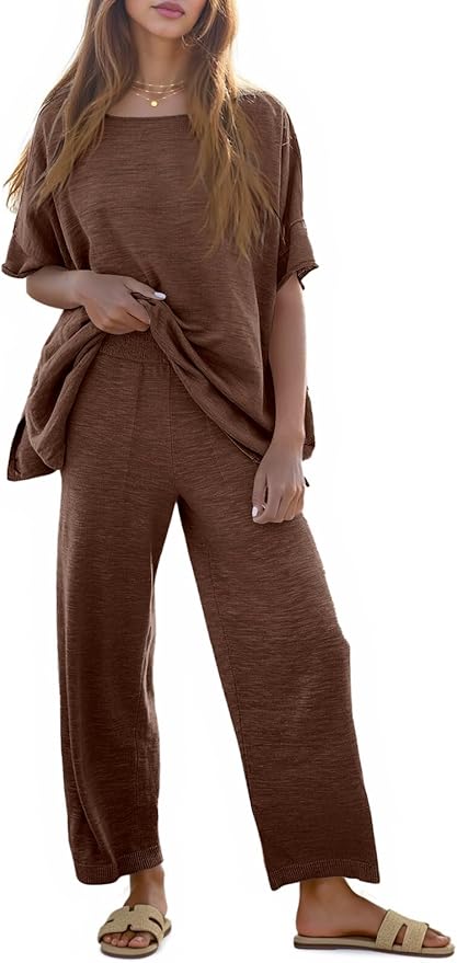 Tankaneo Women's 2 Piece Travel Outfits Casual Short Sleeve Knit Sweater Set Wide Leg Pants Lounge Sets Tracksuit