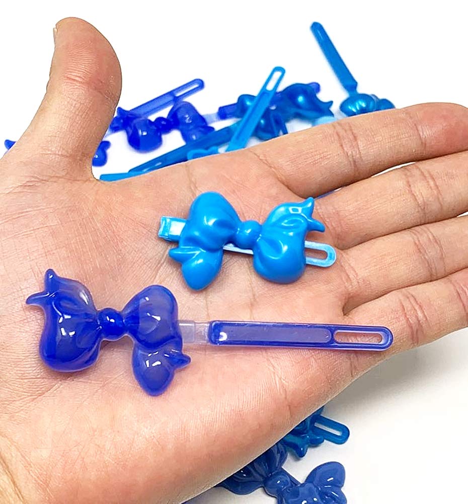 Tara Girls Super Cute Self Hinge Plastic Mulit Design Hair Barrettes Selection. 20 pc blue mix color bow shape.