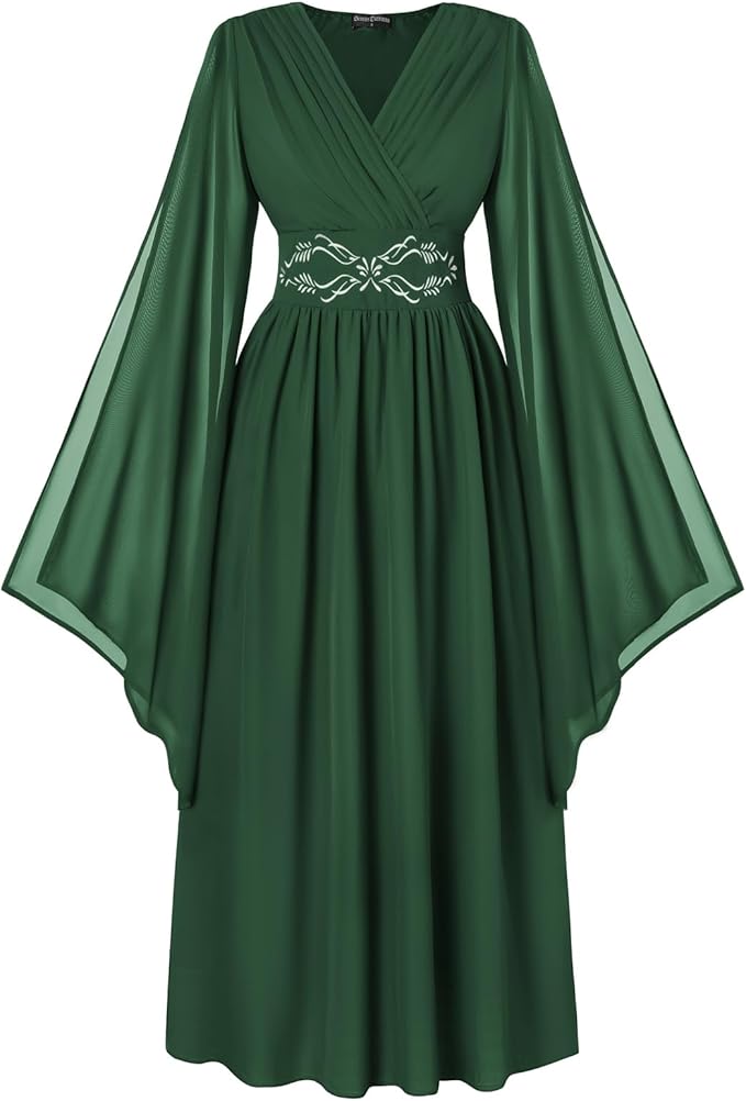 Scarlet Darkness Women's Renaissance Costume Wrap V Neck Medieval Dress Split Bell Sleeve Embroidery Fairy Dresses