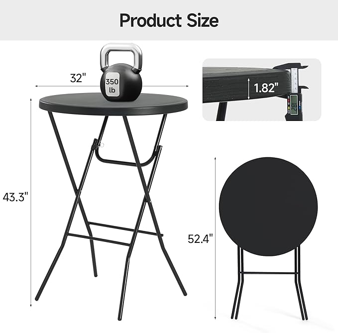 Winlice 32'' Round Folding Table, HDPE Portable Bar Height Table with Removable Legs for Indoor Outdoor Wedding Event, Gathering, Parties, Commercial Events, Black