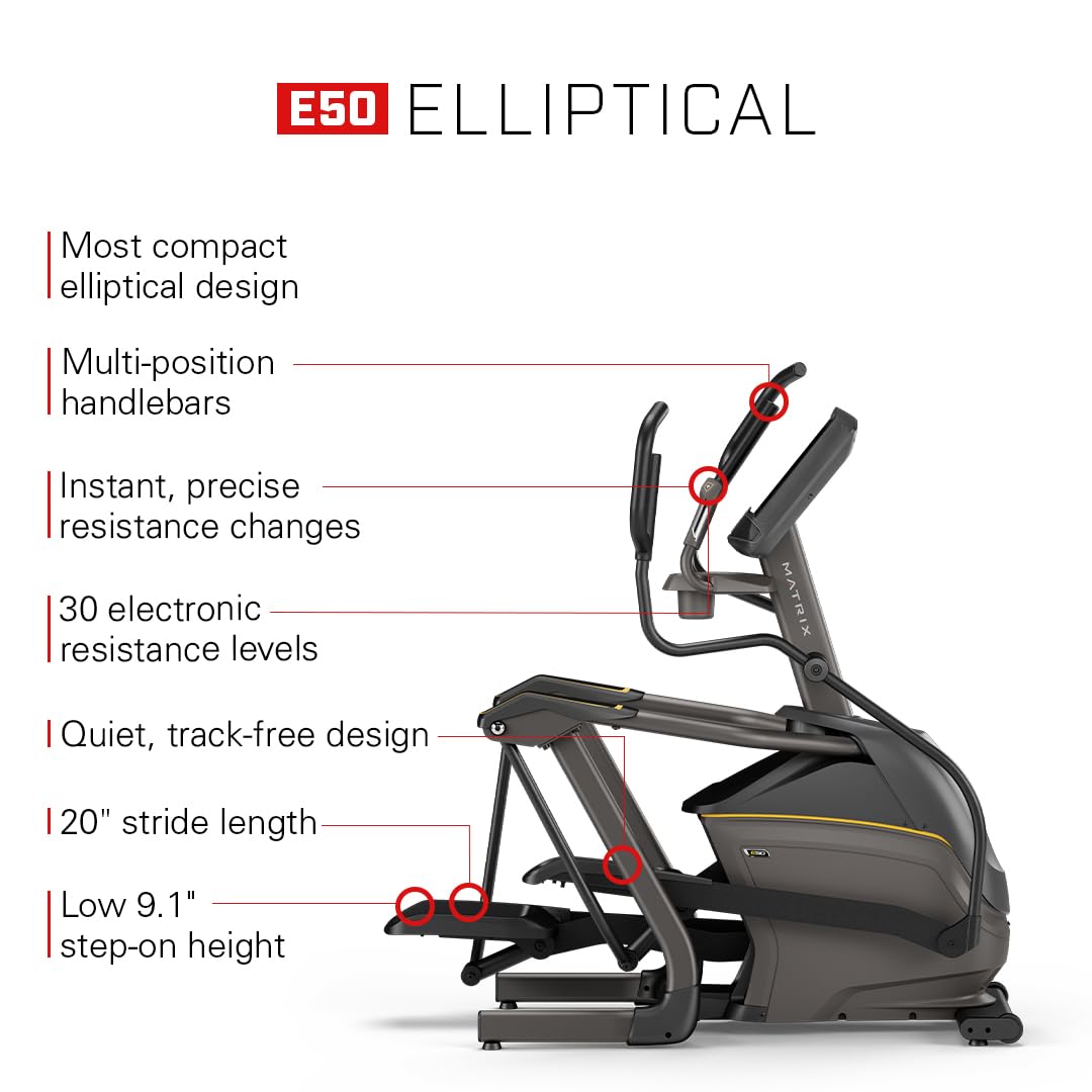 Matrix Fitness E50 Elliptical with XIR | 16" Touchscreen (WiFi+BT+HDMI) | Low Impact Workouts, Full Body Cardio, High Calorie Burn | Space Saving Compact Design, Suspension Elliptical