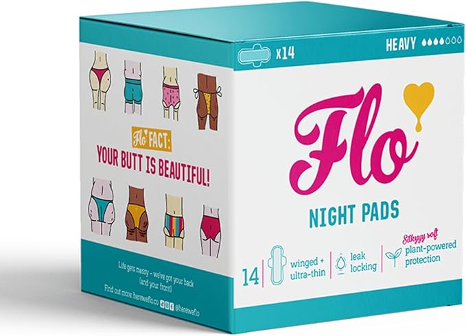 Flo - Night Menstrual Pads (14 Pack) - Heavy Flow - Leak Locking - Winged + Ultra-Thin - Natural, Absorbent, Soft, & Breathable - Bamboo Period Pads for Women - Plant Based - Vegan & Cruelty Free
