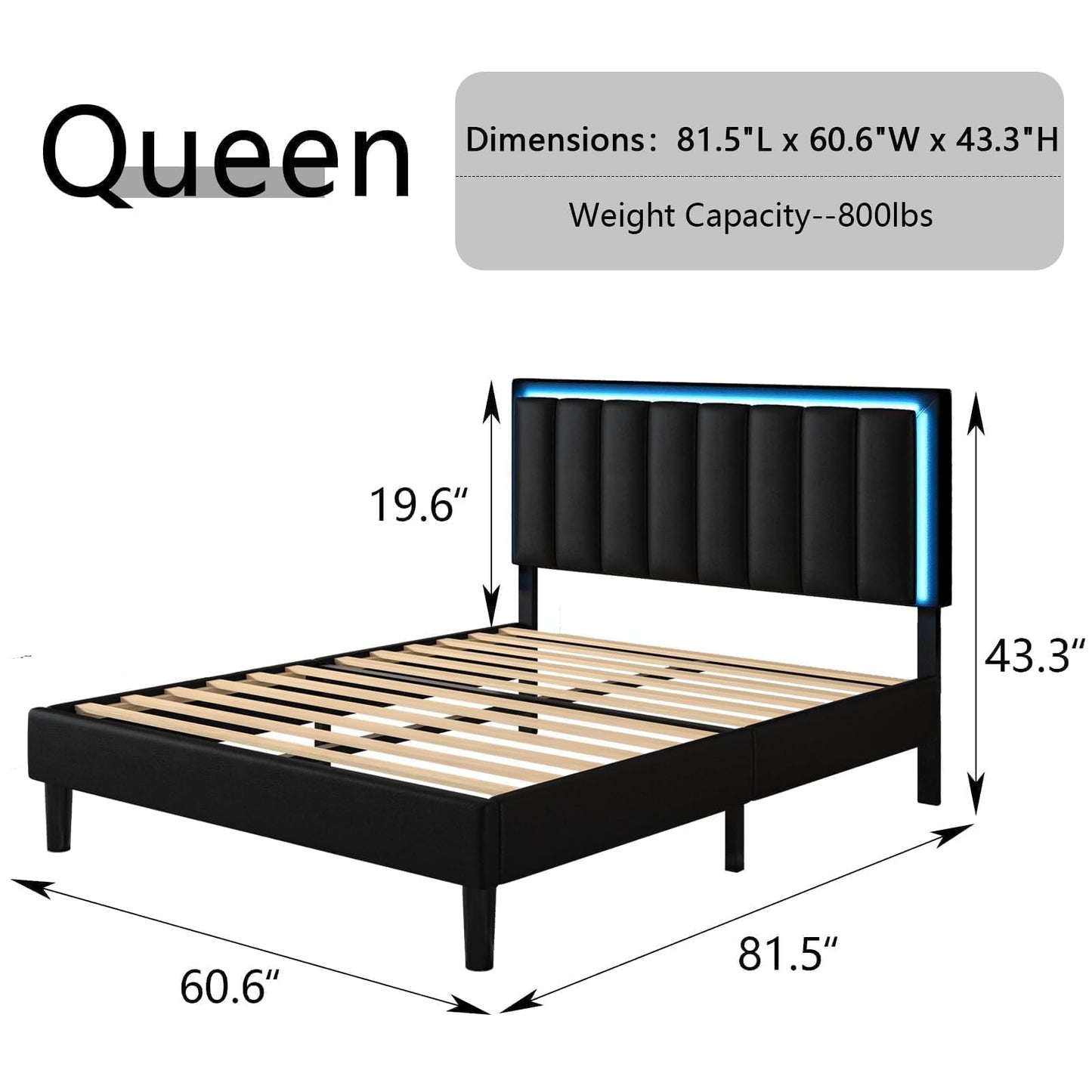 IMMERSTABLE Queen Bed Frames with LED Lights, Upholstered Bed Frame Queen, Queen Bed Frame with Headboard, No Box Spring Needed, Noise-Free, Easy Assembly, Black