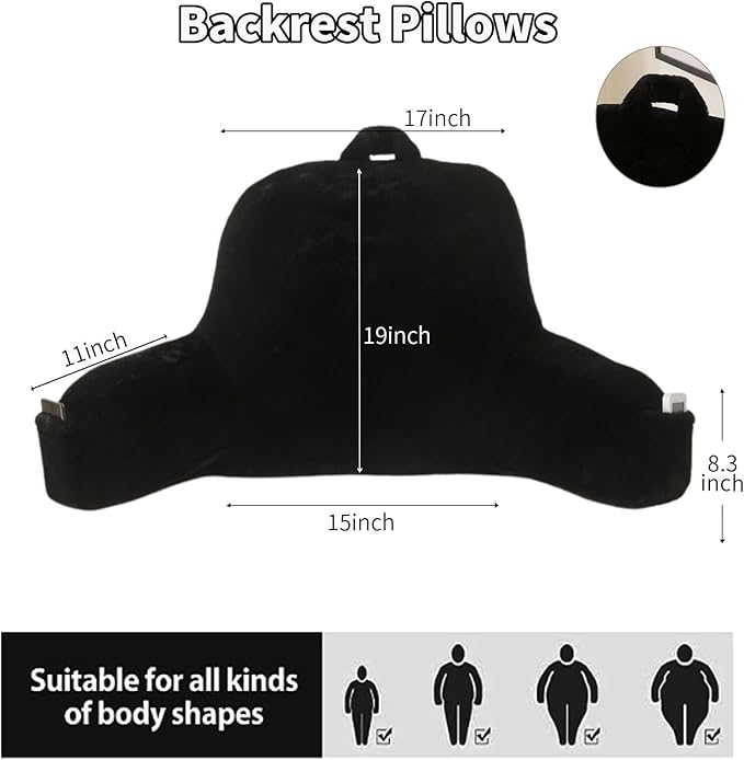 PAJEO Reading Pillow for Sitting in Bed, Large Backrest Reading Pillow with Arm Rest,Back-Rest Support Cushion for Sit Up on Couch, Sofa, and Floor, Dorm Essentials (Black Faux Fur, Large(19"))