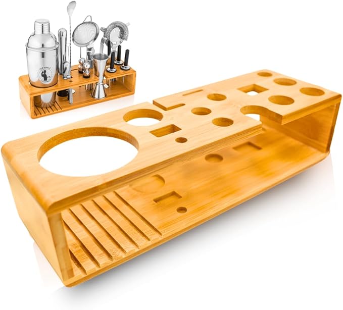 Cocktail Shaker Set Stand Only - Wooden Bartender Kit Stand - Bar Accessories Storage Holds Up to 15 Pcs - Bar Tools Set B...