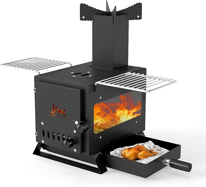 Giantex Portable Wood Burning Stove, Hot Tent Stove with 3 Cooking Positions, Anti-scalding Door Handle, Glass Window & 2 ...