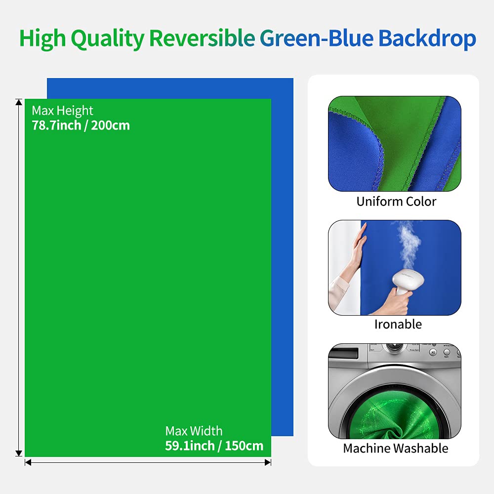 Blue Green Screen Backdrop Kit, HEMMOTOP 2-in-1 7x5 ft Green Screen Stand for Streaming, 6.5x5 ft 2-Sided Reversible Blue Photo Background with Backdrop Stand for Photography, Zoom with Case & Clips