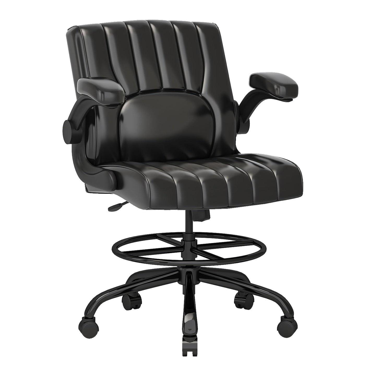 FLEXISPOT Drafting Chair, Black Desk Chair, Comfortable Office Chair with Adjustable Foot Ring Footrest/Flip-up Armrest/4.7in Thick Seat Cushion, Black Vanity Chair with Back, Leather Seat