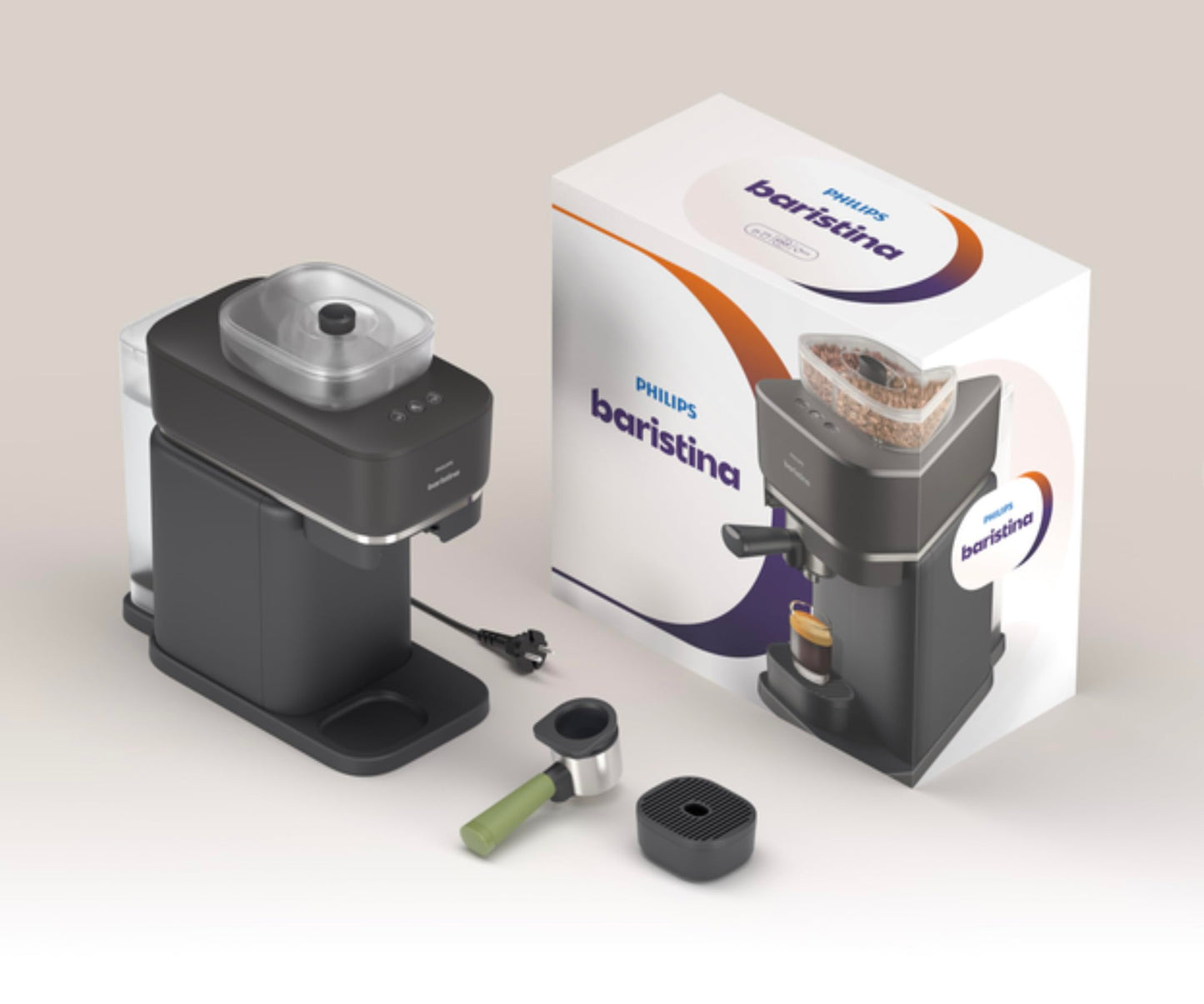 Philips Baristina Espresso Machine, Grind, Tamp & Brew Coffee Beans in One Swipe, Compact, 16 Bar Pump Pressure, Automatic Grinder, Black with Natural Green Portafilter (BAR321/64)