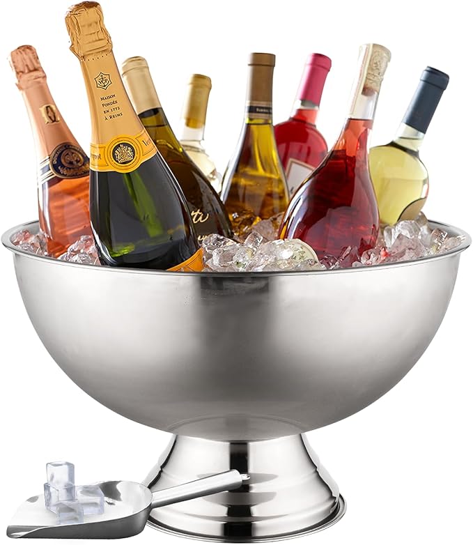 Premium 12L Large Ice Bucket for Parties – 16"x16"x10" Silver Stainless Steel Beverage Tub with Scoop – Insulated Ice Buck...