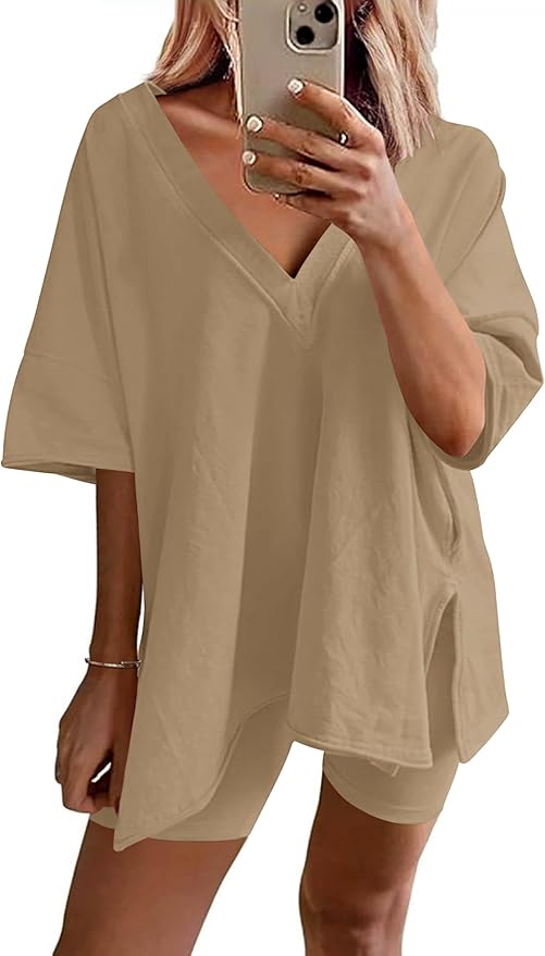 Ekouaer Womens Pajamas 2 Piece Lounge Sets Oversized V Neck T-Shirts Tops Biker Shorts Set Workout Reversible Tracksuit S-XXL
