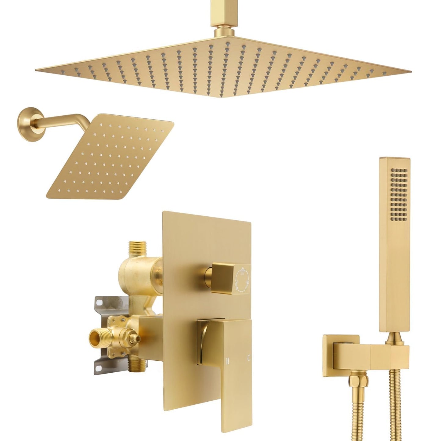 NPYSVSSS Shower System Dual Shower Heads with 12" Ceiling Mounted Rain Shower Head & 6" Wall Mounted Head Full Body Luxury Rain Shower System 3 Way Pressure Balance Valve Kit, Brushed Gold