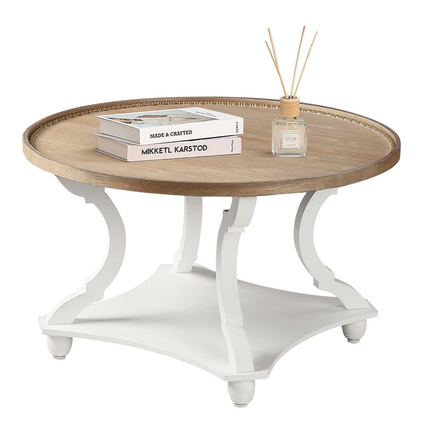 Wnutrees Farmhouse Round Coffee Table, Wood Tray Top Circle Coffee Table with Storage Shelf Rustic Style for Living Room and Vintage Finish, White