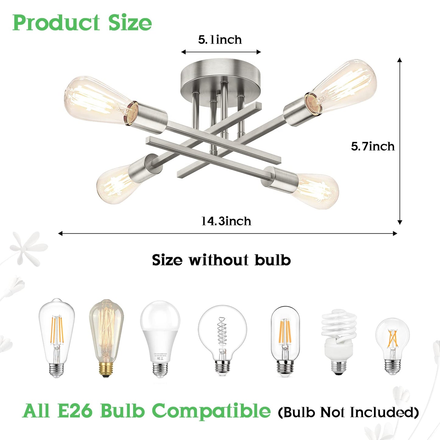 Brushed Nickle Semi Flush Mount Ceiling Lights, 4-Light Modern Industrial Sputnik Chandelier Light Fixture, Silver Flush Mount Light for Kitchen Bedroom Living Room Dining Room Closet, E26 Bulb Socket