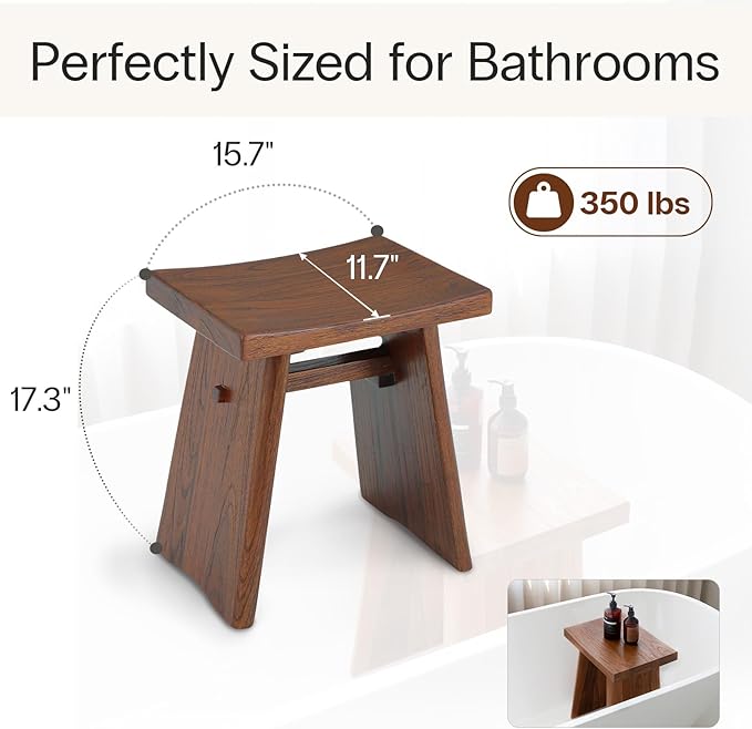 StrongTek Teak Shower Stool, 18-Inch Solid Teak Wood Bath Seat Bench for Bathroom, Spa & Home, Ergonomic Curved Seat, Water-Resistant, 350 lbs Capacity, Stable Structure & Smooth Finish, Dark Brown