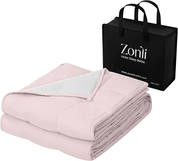 ZonLi Weighted Blanket for Adults(48"x72",15lbs, Pink/Light Grey) Twin Size High Breathability Cooling Heavy Blanket, Soft Material with Premium Glass Beads,All-Season.