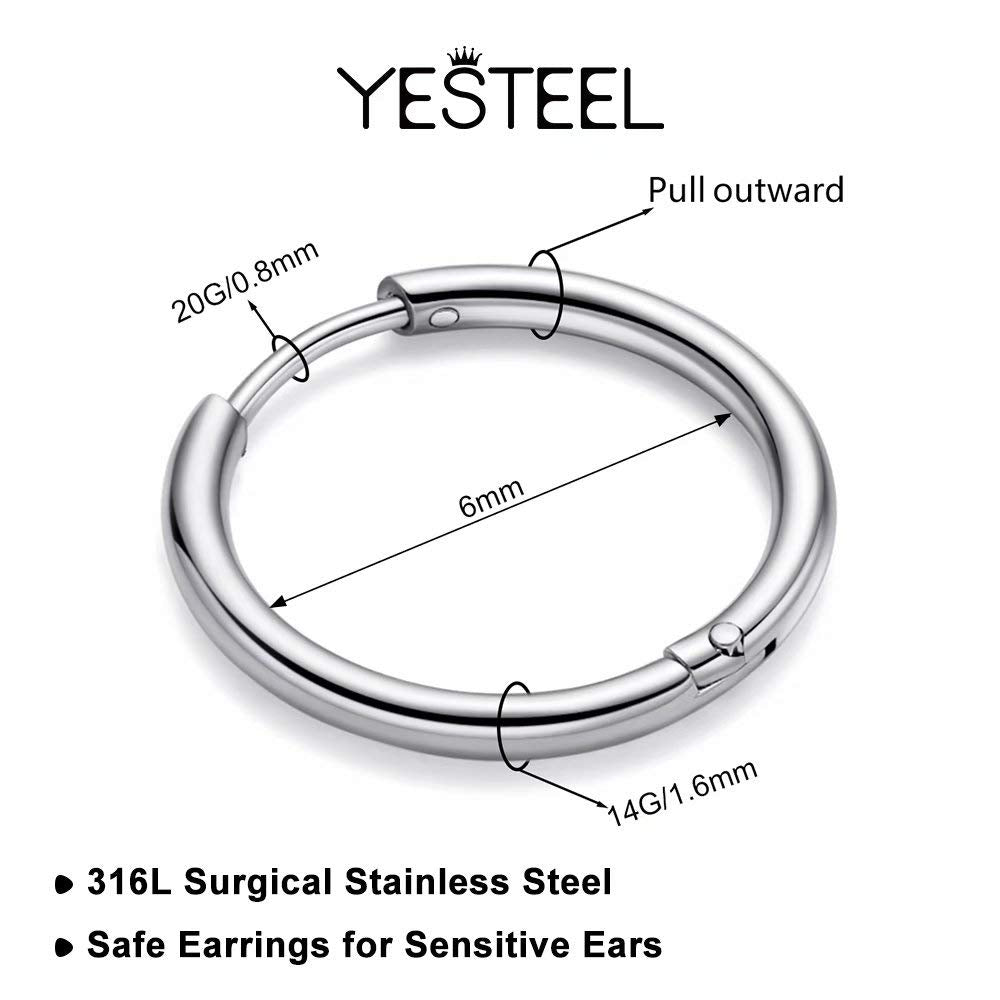 6MM Surgical Steel Hoop Earrings, Silver Huggie Earrings Mens Hoop Earring Stainless Steel, Mini Ear Huggies 20G Cartilage Pierc