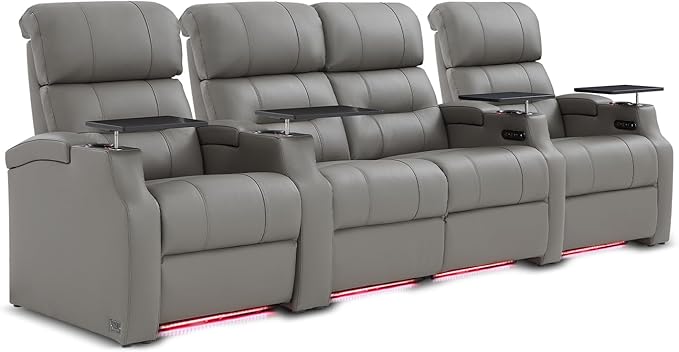 Weilianda Home Theater Seating, Top Grain Leather Sectional Seats Recliner Chair, Zero Gravity Reclining Sofa with Power Headrest 7 Colors Ambient Lighting USB C Charge Row of 4 Loveseat Middle Grey