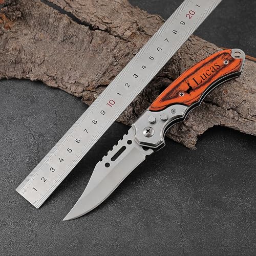 Custom Pocket Knife for Men | Laser Engraved Wood Handle Knife for Camping Hunting with Sheath | Groomsmen Folding Blade |...