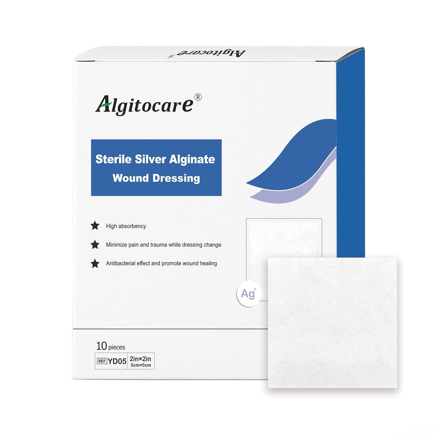 Ag Silver Calcium Alginate Wound Dressing - 2"x2"(Pack of 10), Non-Stick Sterile Gauze Pads for Accelerating Wound Healing, High Absorbency and Soft for Wound Care Supplies