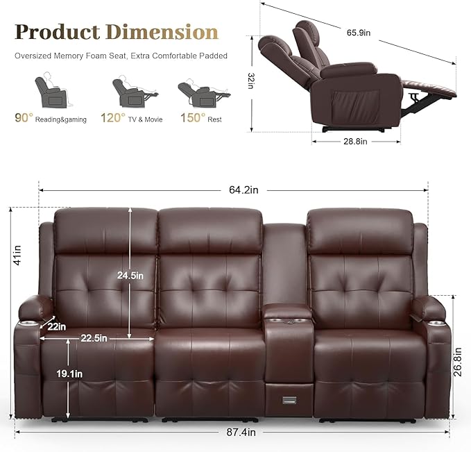 Aotolo Recliner Sofa, Massage Reclining Sofa 3 Seater Sets Heavy Weight Capacity, RV Loveseat Couch Clearance with Console, USB, Type C Port, Storage, Cup Holders, Wall Hugger Chair for Living Room