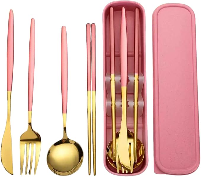 Stainless Steel Cutlery Set with Storage Box, 4 Counts Portable Reusable Utensils Set for Home Office School Camping Trave...
