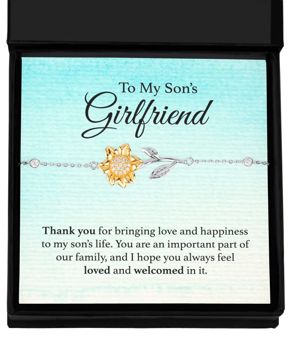 To My Son’s Girlfriend Gift, Sterling Silver and CZ Jeweled Sunflower Bracelet Gift for Son’s Girlfriend