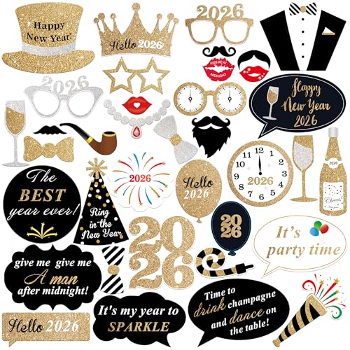 Katchon, Glitter New Years Photo Booth Props - Pack of 35 | NYE Photo Booth Props for New Years Eve Party Supplies 2026 | ...
