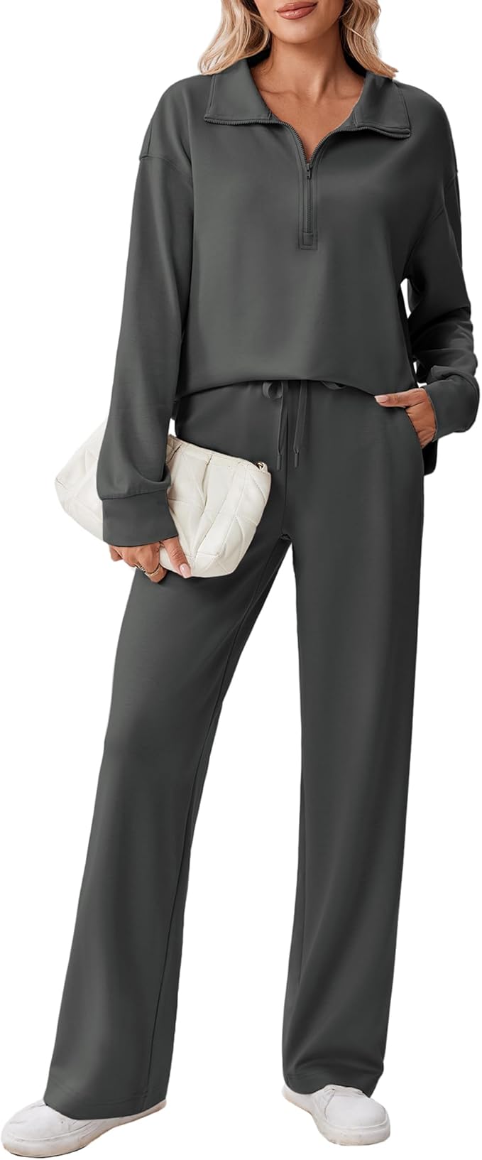 PINSPARK 2 Piece Sets for Women 1/2 Zip Sweatsuit Loose Fit Sweatshirt Straight Leg Pants 2025 Matching Outfit Fall Tracksuit
