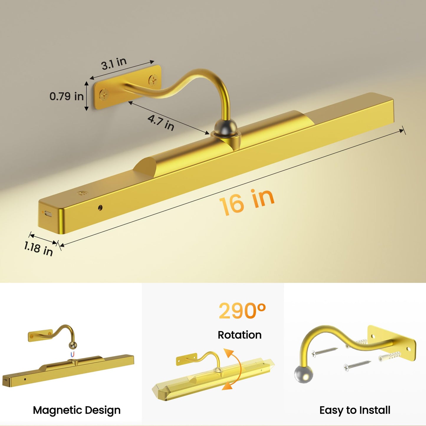 Craftersmark Picture Light Gold 2Pack, 5000mAh Battery Opertated Cordless Picture Lights for Wall, 16in CCT Dimmable with Touch Control for Wall Painting,Frame, Portrait, Dartboard