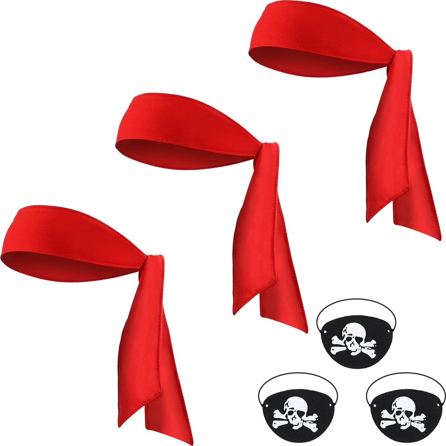 Frienda 6 Pcs Pirate Party Favor Supplies Include 3 Tie Headband Pirate Head Bandana 3 Eye Patches Halloween(Red)