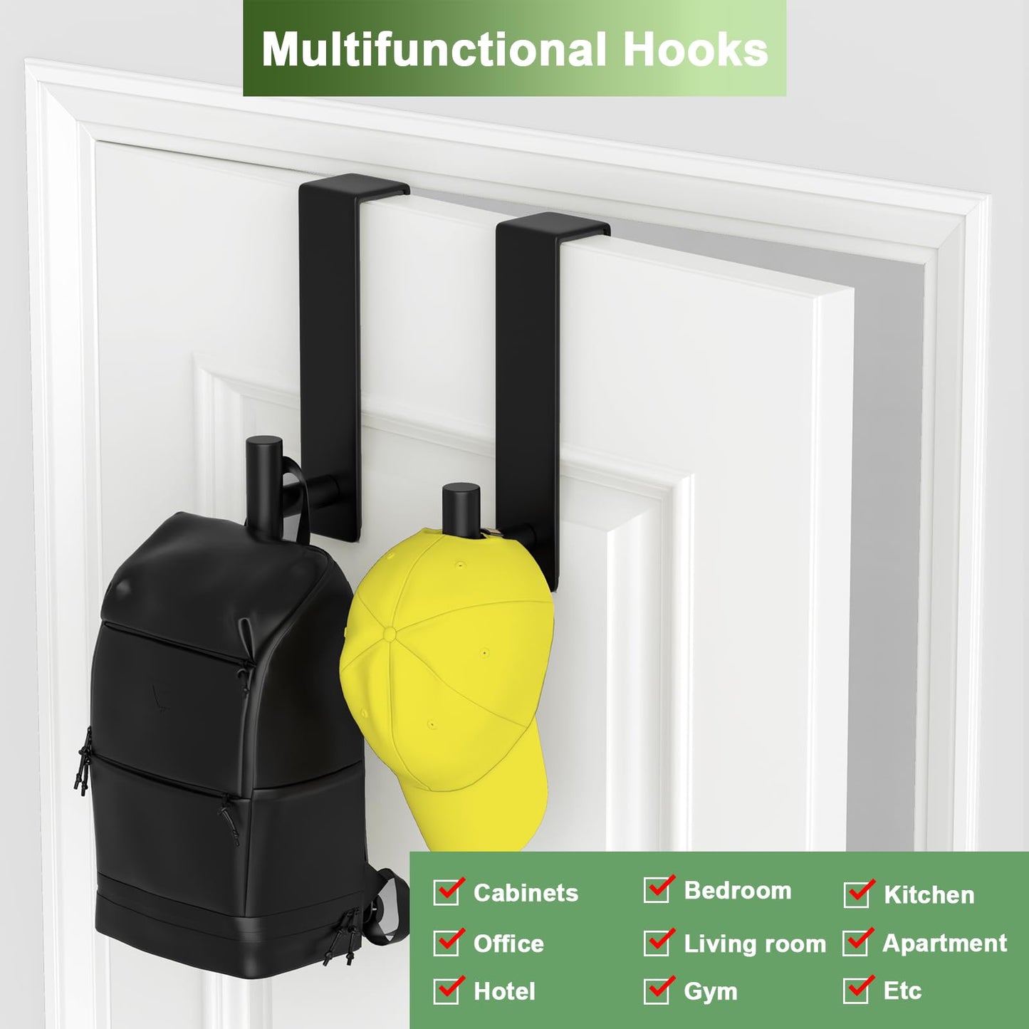 VINHOLD Heavy Duty Stainless Steel Over-Door Hook for Coats, Totes, Towels – Easy Install Door Hooks with Non-Slip Pads for Bedroom Bathroom Entryway Office (Black, 2 Pack, Fits 1-3/4" Thick Door)
