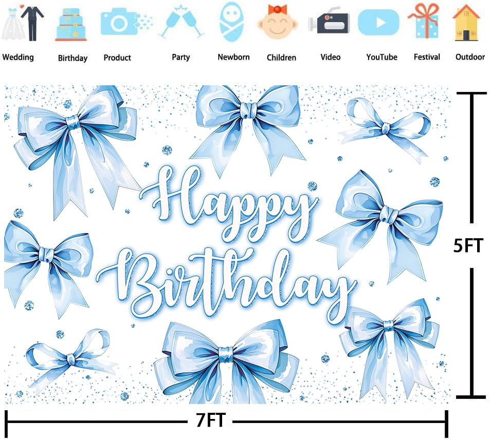 Bow Birthday Backdrop Banner Blue Bow Birthday Glitter Photography Background for Girls Women Bday Party Decorations Baby ...