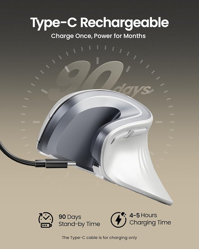 ProtoArc Ergonomic Mouse, EM11 NL Bluetooth Rechargeable Wireless Vertical Mouse, 3 Multi-Device Connectivity for Computer/PC/Laptop, 2.4GHz USB-A Optical Mice for Windows, Mac OS, White