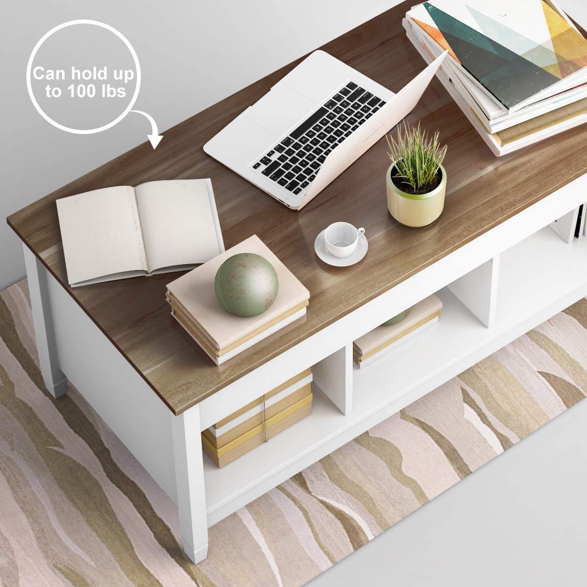 Tangkula Wood Lift Top Coffee Table, Modern Tea Storage with Hidden Compartment and Open Storage Shelf for Living Room Office Reception Room, Lift Center Table (White)