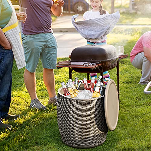 Safstar Outdoor Cooler Table, 9.5 Gallon Ice Cool Table w/Top Lid, Side Handle, Drainage Plug, Weather-Resistant Wicker Ra...