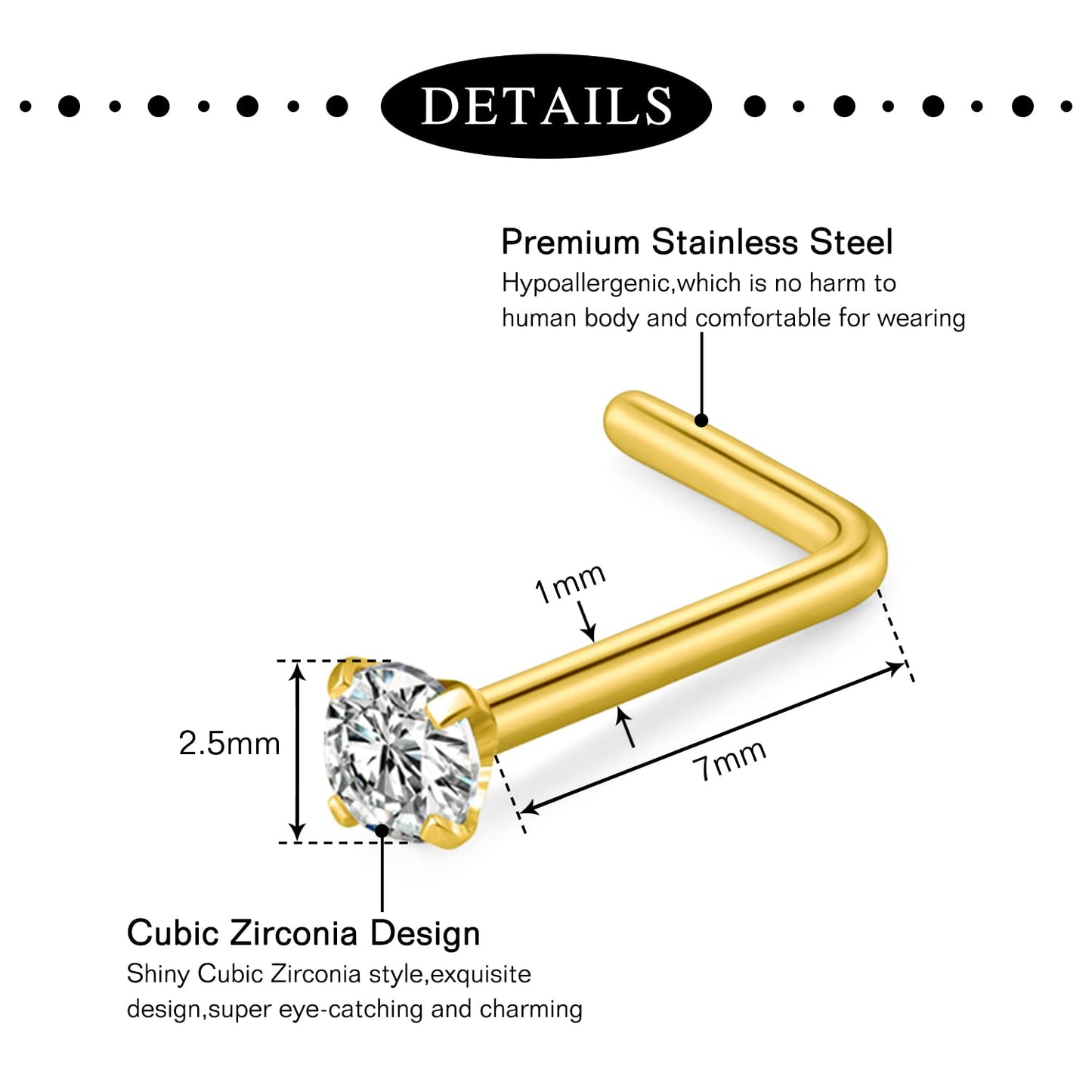 Anicina Nose Rings 18G Hoops Surgical Steel Piercing Kit L Shape Studs for Women CZ Heart Moon Gold Jewelry