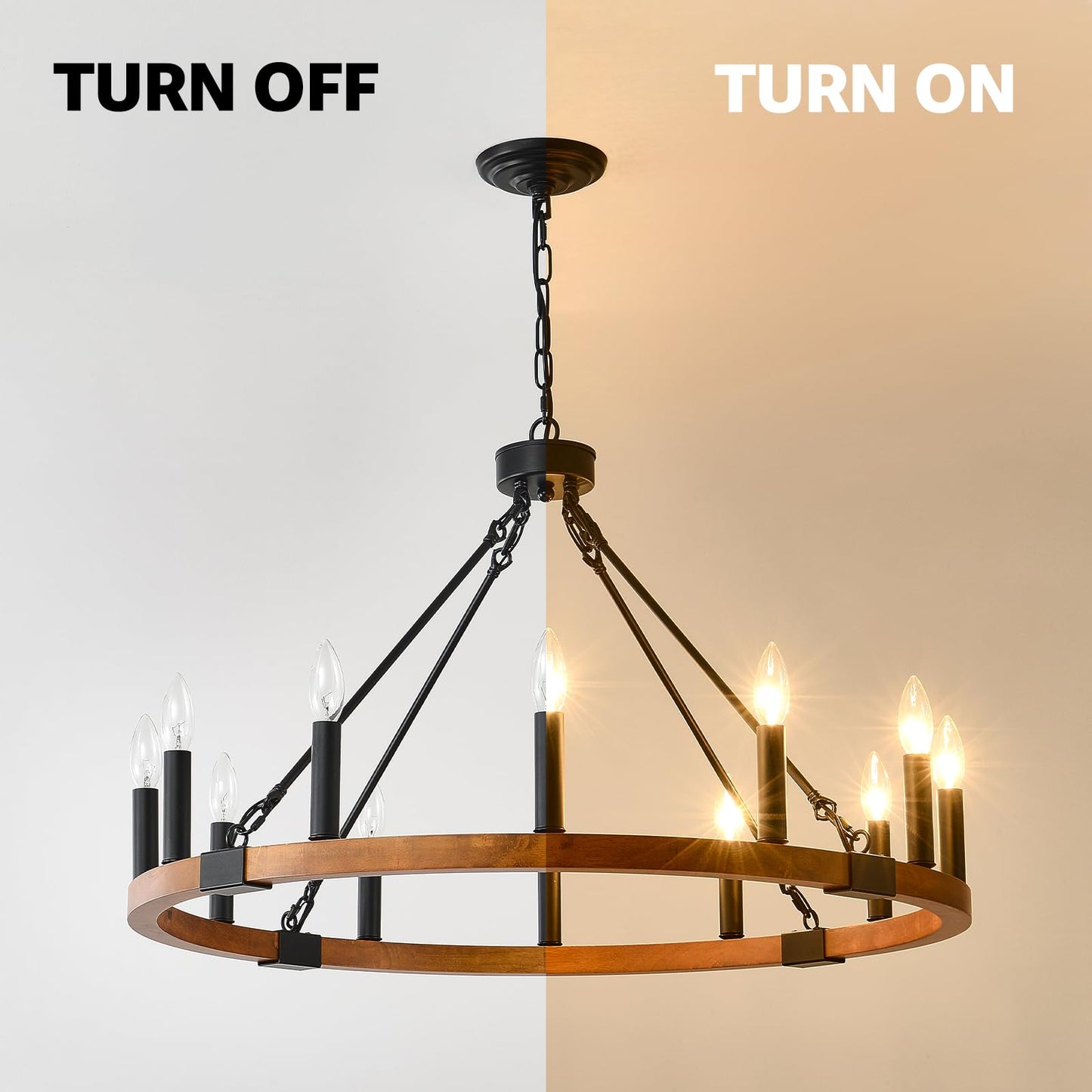VBKK 32'' Solid Wood Wagon Wheel Chandelier, 12-Light Farmhouse Chandeliers for Dining Room, Round Rustic Light Fixtures for Foyer Living Room Kitchen Island Entryway, E12