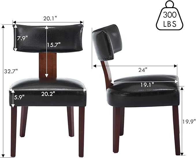 KHISCHMO Mid Century Modern Dining Chairs, Upholstered Pu Leather Fabric Chairs with Curved Backrest and Wood Legs, Comfy Kitchen Vanity Chairs for Dining Room/Living Room/Kitchen, Set of 6 Black