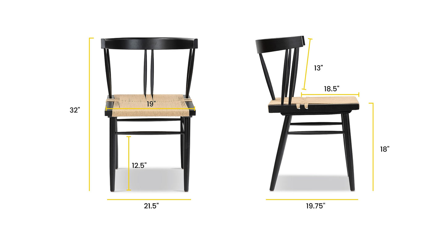Poly & BARK Ferrara Dining Chair – 18” Seat Height, Solid Ash Wood Frame, Handwoven Hemp Cord Seat, Mid-Century Modern Design, Black Finish