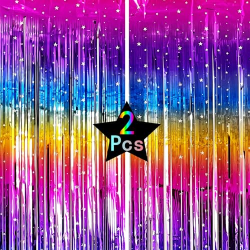 Sparkly Neon Rainbow Foil Fringe Curtain Backdrop Metallic Streamers Photo Booth Props for Birthday Bachelorette Gay Pride...
