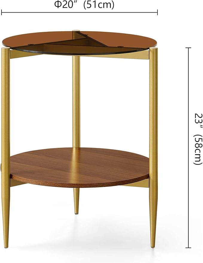 Pine Flicker Round End Table, Mid-Century Modern Design, D20*H23 inch, for Living Room, 2-Tier Structure, Amber Glass Top and Walnut MDF Shelf, Sleek Conical Metal Legs with Gold Finish