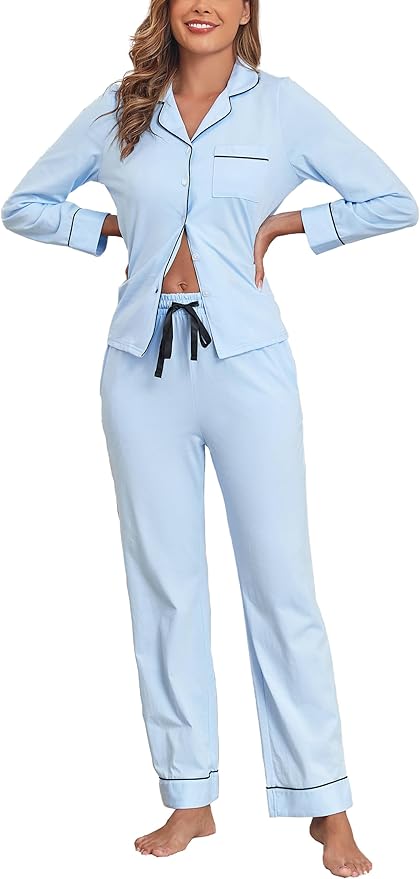 Veseacky 100% Cotton Pajamas for Women Set Long Sleeve Button Down Sleepwear Soft Pjs Lounge Sets with Pockets XS-XXL