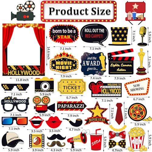 34pcs Hollywood Themed Movie Night Party Photo Booth Props, Hollywood Selfie Frame with Party Photo Props, Red Carpet Cuto...